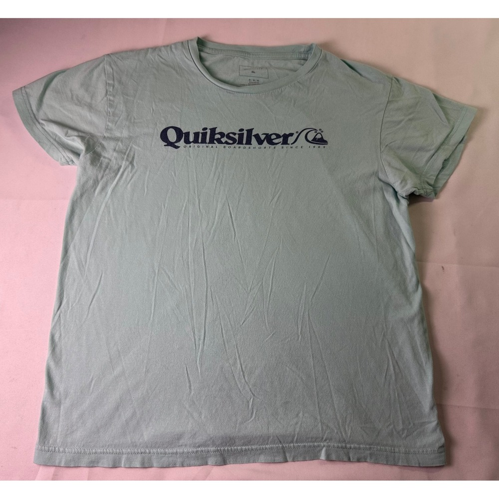 Quiksilver Mens T-Shirt Size M Light Blue Logo Original Boardshorts Surf Retro